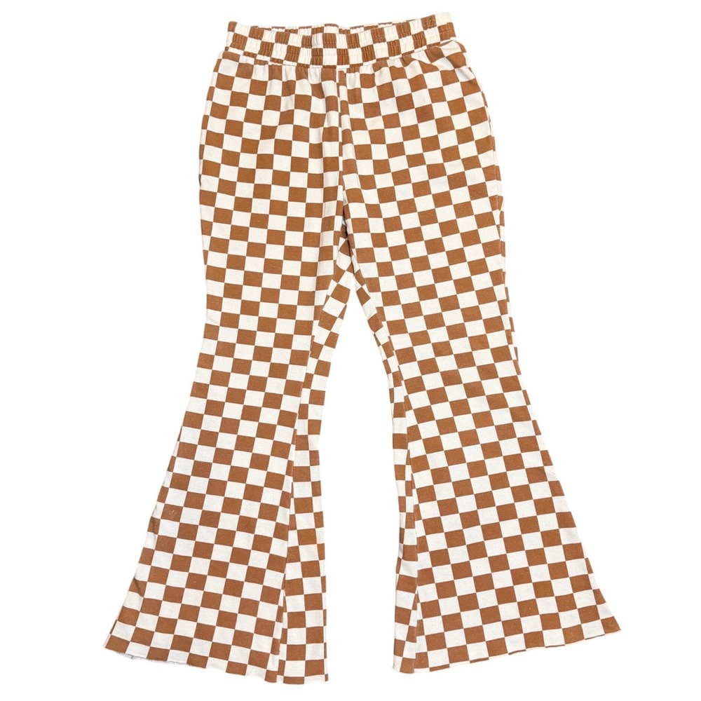 Grayson Threads Brown White Checkered Flare Sweatpants Bell Bottom Medium - Picture 2 of 5